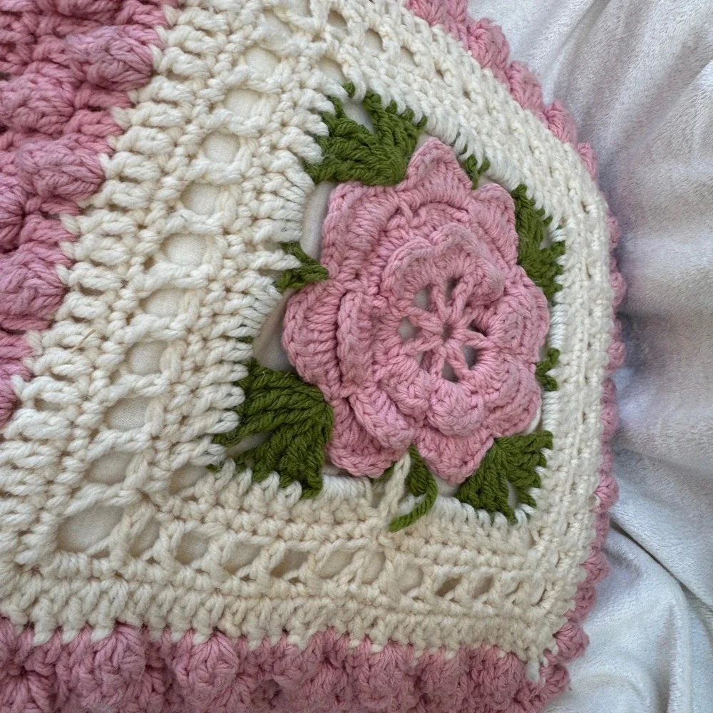 Handmade Crochet Rose Throw Pillow 15x15 Pink Cream Vintage Cottage 3D Floral